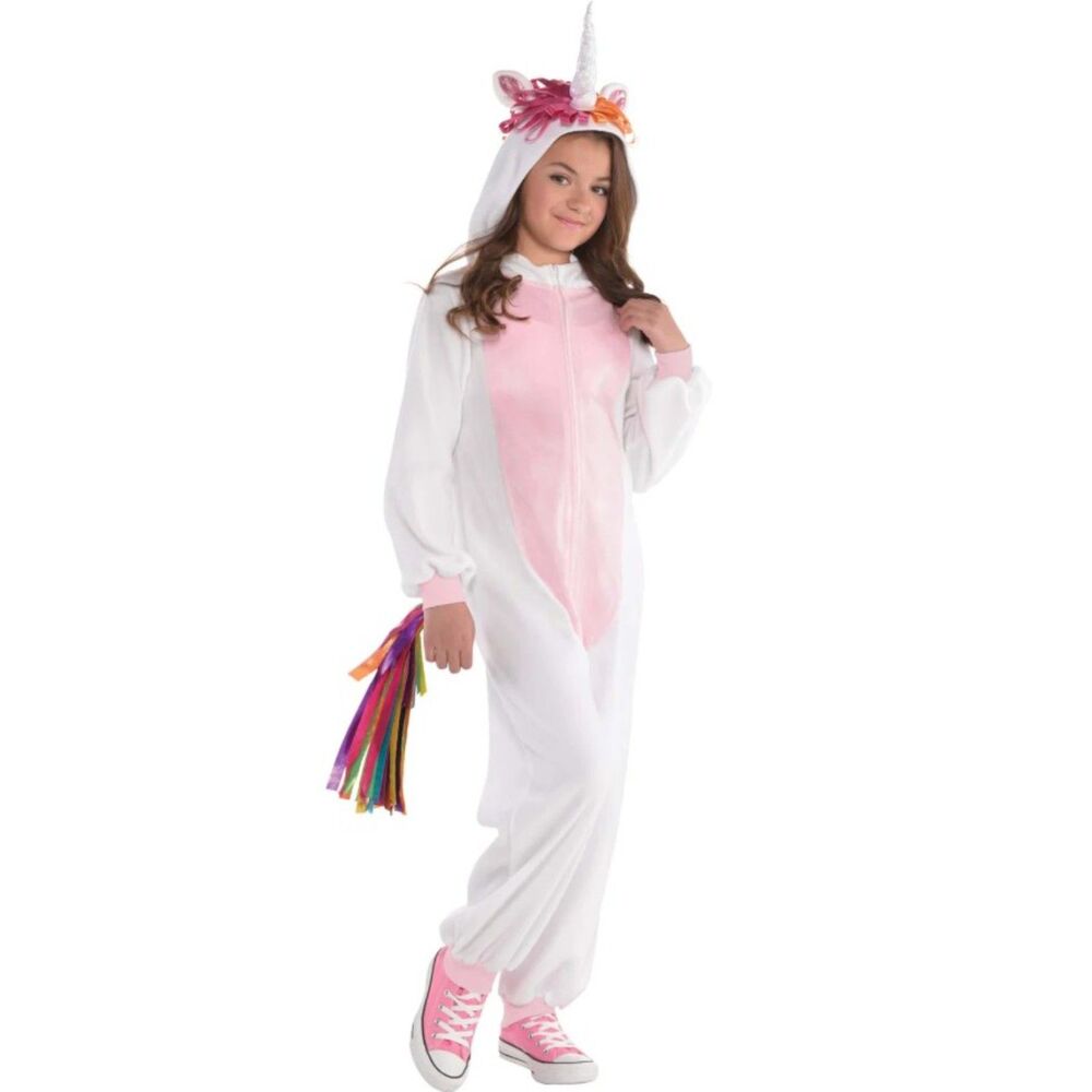 NEW Girls Sz Medium (8-10) Zip Up UNICORN Hooded Jumpsuit 1 Pc Costume Outfit